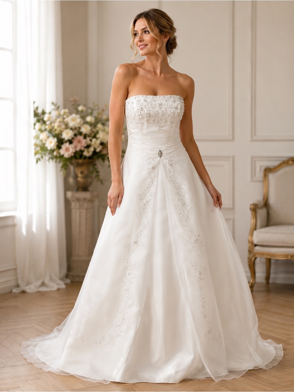 Strapless Ivory Wedding Dress with Beaded Bodice